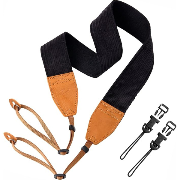 Padwa Lifestyle Cord Camera Strap - 2 Inch Wide Full Grain Leather Head Camera Straps Free Pack of 2 Quick Release Clip for All Cameras, Binoculars and Drone Remote Control (Black)