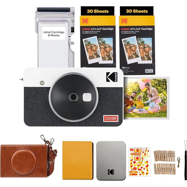 Kodak Mini Shot 2 Retro Portable Instant Camera and Photo Printer, iOS and Android, Bluetooth, 4Pass Technology (54 x 86mm) - White - Accessories Bundle, 68 Sheets