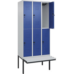 C+P | Doppelstock-Spind Classic Plus Sitzbank | 3 Abteile | lichtgrau/enzianblau | B 900 mm | Sicherheits-Drehriegel | auskragend | Kunststoff
