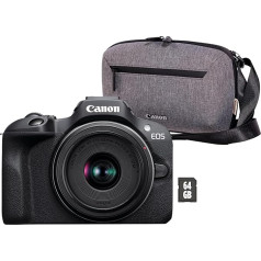Canon EOS R100 + RF-S 18-45mm F4.5-6.3 IS STM Lens + Camera Bag + 64GB SD card. Entry-level Mirrorless Camera designed for families to capture life long memories, paired with an everyday compact lens.
