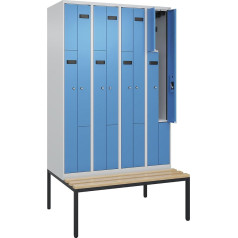 kaiserkraft | Z-Spind Evolo Plus Sitzbank | 4 Abteile | lichtgrau/lichtblau | B 1200 mm | Zylinderschloss | mit untergebauter Sitzbank | Buche