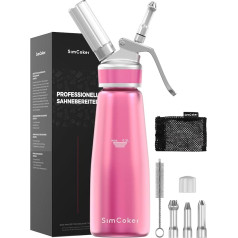 SimCoker Cream Dispenser 500 ml, Aluminium Whipped Cream Maker for Whipped Cream, Creams and Sauces, Cream Siphon Replacement Parts, Includes 3 Stainless Steel Nozzles and 1 Cleaning Brush (Pink)