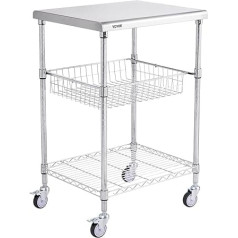 VEVOR Stainless Steel Kitchen Trolley, 3 Tier Serving Trolley with 450 lb Capacity, Laboratory Trolley Clearing Trolley, Transport Trolley, Storage Trolley with Recessed Basket & 6 Hooks, for Indoor
