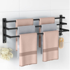 STWWO 80 cm Towel Rail, No Drilling, Bathroom Towel Holder, Wall Mounted, Black, 3 Rails, Bath Towel Holder, Self-Adhesive Bathroom Towel Rail with 2 Hooks, Stainless Steel