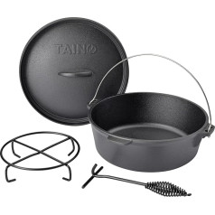TAINO Dutch Oven 6 L Cast Iron Diameter 30 cm Fire Pot Set Lid Lifter Stand Cast Iron Casserole Pot without Feet Cast Iron Cast Pot Ideal Grill Accessory Pot