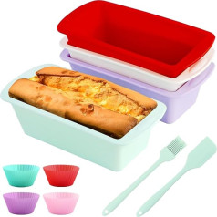 OT-NVWOZR 4 Pack Silicone Loaf Pan and 4 x Cupcake Wrappers, Non-Stick Silicone Cake Pan with Spatula, Brush Set, Rectangle Baking Pan, Heat Resistant, Mini Bread Tins for Oven, Air Fryer