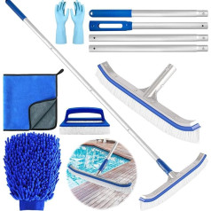 ZPQAODI Pool Cleaning Set 6 Pieces, Pool Accessories Cleaning Set, Pool Brush with 160 cm Length Adjustable Aluminium Handle, Gloves, Rags, Handheld Pool Brush Set for Pool Cleaning