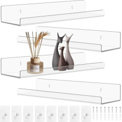EclipseGuard Pack of 4 Clear Acrylic Shelves, Acrylic Wall Shelf, Transparent, 30 cm Shelf, No Drilling from Bathroom Shelf, for Wall Photo Decor, Picture Strip, Children's Bookcase, Magazine Rack
