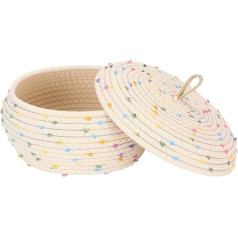 Sea Team Round Cotton Rope Basket with Lid, Colourful Rainbow Pompom Weave Basket, Pot, Caddy, Organiser, Container for Snacks, Towels, Plants, 10 x 4.5 inches (Small, Flat, Rainbow)
