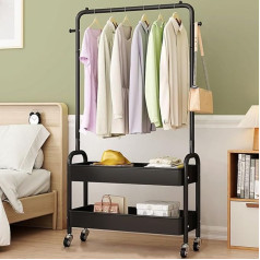 Metal Clothes Rack, 2-Tier - Clothes Rail for Bedroom with Double Storage Shelves and Small Wheels - Robust Organiser for Clothes, 68 cm (Black)