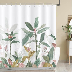 Bonhause Shower Curtain 180 x 180 cm Anti-Mould Shower Curtains Tropical Leaves Plants Shower Curtain Waterproof Polyester Fabric Washable Bathroom Curtain for Bathroom with 12 Hooks