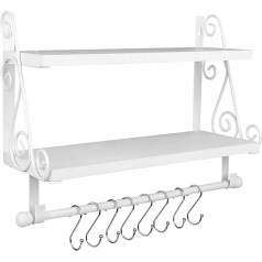 Halcent, Wall Shelf, Wooden Hanging Wall Shelf, 2 Tier, Kitchen Spice Rack, Shower Shelf, Bathroom Shelf with 8 Removable Hooks for Kitchen, Bathroom, Living Room