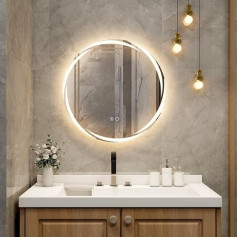 FANTASK LED Bathroom Mirror with Lighting, 60 cm Round Bathroom Mirror, Anti-Fog, Wall Mirror Dimmable with Touch Switch & Memory Function, LED Mirror Hanging Mirror for Bathroom, Oval, 60 L x 60 W cm