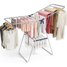 SYKIARIOL Clothes Airer with 2 Levels, Folding Wing Clothes Airer, Foldable Standing Dryer, Wing Clothes Dryer with Height-Adjustable Wings for Indoor, Stainless Steel, Silver