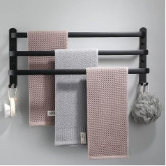Towel Rail, No Drilling, Aluminium Self-Adhesive Towel Rail, 3-Tier Wall Mounting Towel Rail with Hooks, Waterproof Bath Towel Shelf for Bathroom, Kitchen, Toilet (58 cm, Matt Black)