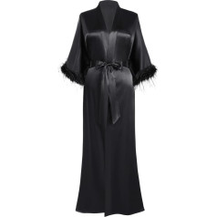 Prodesign Women's Dressing Gown Long Satin Bathrobe Kimono Robe Negligee 3/4 Feather Sleeves Loungewear Sleep Gown Women's Sleepwear, black, Unit size