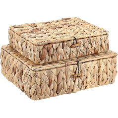 OGA Set of 2 Flat Woven Water Hyacinth Storage Baskets with Lids Natural Rectangular Wicker Shelf for Home (L+S)