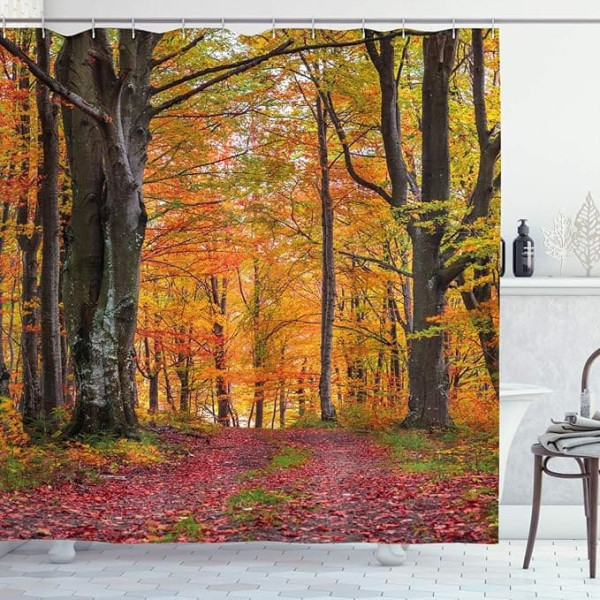 ABAKUHAUS Autumn Shower Curtain, Shady Deciduous Trees, Fabric Fabric Bathroom Decoration Set with Hooks, 175 x 240 cm, Apricot Brown Red