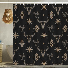 Western Bull Skull Shower Curtain Boho Cow Longhorn Skull Cactus Bohemian Black and Gold Shower Curtain with Hooks 72 x 72 Inch Waterproof Polyester Bathroom Curtain (Black Gold Bull Skull)