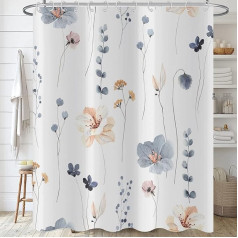 Hnmdmyi Shower Curtain Flowers 180 x 200 cm, Blue Beige Watercolour Flowers Shower Curtains Modern Minimalist White Bath Curtain Waterproof Polyester Fabric Washable Bath Curtain for Bathroom with