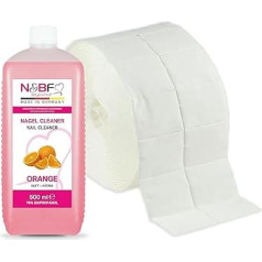 NAILS FACTORY N&BF Nail Cleaner Set with Fragrance 500 ml + 1000 Cellulose Pads (2 Rolls of 500 Pieces) - 70% Isopropanol Alcohol - for Gel Nails - Nail Cleaner - Studio Quality (Orange)