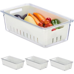 Relaxdays Refrigerator, Set of 4, Stackable, Draining Basket, Food Organiser with Lid, Transparent/White
