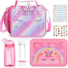 3 Pieces Children's Lunch Box with Compartments, Lunch Bag Children and Water Bottle, Lunch Boxes Bag, Cute Lunch Bag Bento Box for Children School/Nursery, Back to School Gifts for Girls (Pink