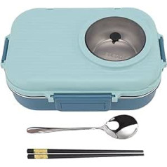 CHICIRIS Insulated Box, 3 Compartments, Stainless Steel Lunch Box, Thermal Food Container with Spoon, Sticks and Soup Bowl for Office, School, Camping, Adults, Children, 37 oz (Blue)