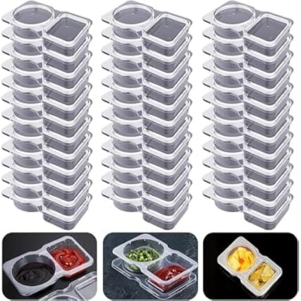 Reusable Snack Containers with Lids, 2 Compartments, Thickened and Portable Sauce Spice and Dip Containers for Picnic/Work Lunch, Pack of 30