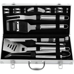 20 Piece BBQ Tool Set - Extra Thick Stainless Steel Spatula, Fork and Tongs. Complete BBQ Accessories Set in Aluminium Storage Box