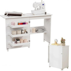 WUDLEP Klappbarer Nähtisch Mehrzweck-Handarbeitsplatz & Beistelltisch, Nähkabinett mit 3 Aufbewahrungsfächern und Regal, Rolling Craft Station Nähmaschinen-Arbeitstisch mit Rädern für kleine Räume