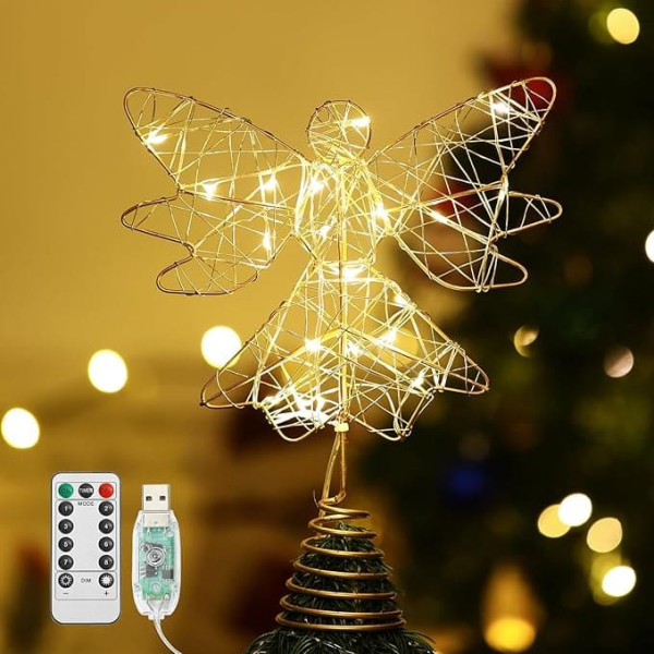 Lewondr Christmas Tree Topper Angel, 9.8 Inch Glitter Christmas Decoration LED Christmas Tree Topper with Timer, USB Operated Remote Control Christmas Tree Topper for Christmas Tree Christmas Party