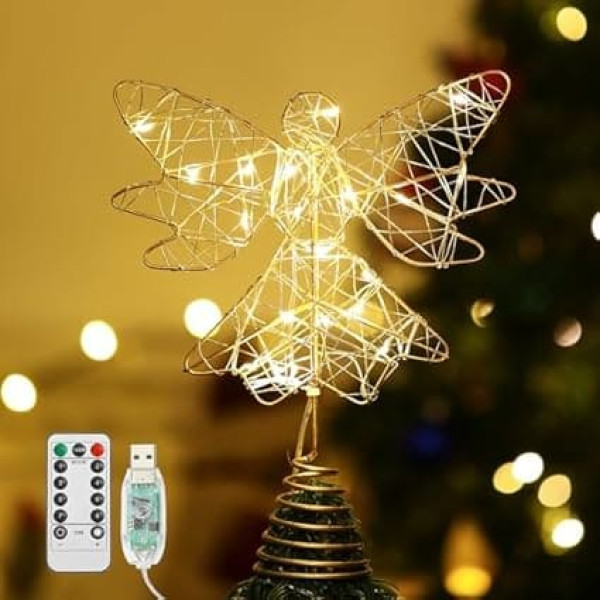 Lewondr Christmas Tree Topper Angel, 9.8 Inch Glitter Christmas Decoration LED Christmas Tree Topper with Timer, USB Operated Remote Control Christmas Tree Topper for Christmas Tree Christmas Party