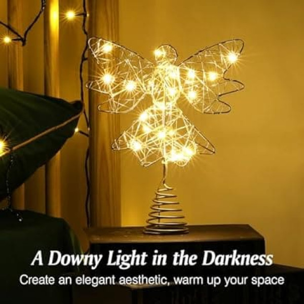 Lewondr Christmas Tree Topper Angel, 9.8 Inch Glitter Christmas Decoration LED Christmas Tree Topper with Timer, USB Operated Remote Control Christmas Tree Topper for Christmas Tree Christmas Party