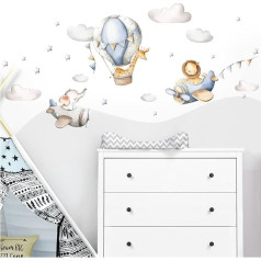 Little Deco DL246-4-XL Wall Sticker for Children's Room Boys Animals Planes I Blue - 190 x 87 cm (W x H) I Wall Sticker Lion Elephant Wall Sticker Children Balloon Clouds