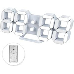 3D Alarm Clock LED Wall Clock Digital Dimmable Silent Snooze USB 12/24 Hour Date Temperature Display Large Brightness Adjustable Remote Control Night Light Bedroom Living Room Kitchen Office White