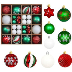Pack of 44 Plastic Christmas Baubles Plastic Christmas Tree Decorations Plastic Christmas Tree Baubles Christmas Decoration with Hanger Shiny Glitter Christmas Tree Decoration (Red Green and White)