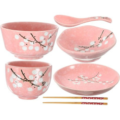 Ramen Bowl Set Japanese Tableware Set Ceramic Plates Bowls Spoons Chopsticks Cups Pink Bowl for Ramen Chinese Ceramic Tableware for Salad Soba Asian Noodles 6 Pieces