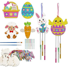 HBell Easter Wooden Wind Chime Kits, Easter Wooden Ornaments Wood Crafts DIY Windchimes Set for Kids Easter Party Supplies Kids Painting Arts Crafts Spring Home Garden Decor (Rabbit&Chick)