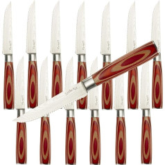 SanheKit High Carbon German Stainless Steel Steak Knife Set, 50cr15 Steel, Wooden Handle, Full Tang Design (14pcs(Red))