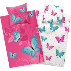 Aminata kids Bed Linen 135 x 200 cm Butterflies Children Girls Cotton Butterfly Pink YKK Zip Animal Motif Flowers Children's Reversible Bedding Set