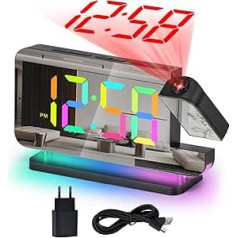 U-picks Digital Alarm Clock, Alarm Clock with Projection, 7.4 Inch LED Mirror Clock with 180° Rotating Projector, 11 RGB Colour Digital Display, 10-Colour Night Light, 5 Levels Volume Table Clock