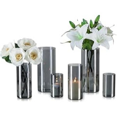 Hewory Vase Black for Decorative Home: 6 Vases Set Chic Flower Vase Modern Glass Vases for Table Decoration - Beautiful Glass Vase Cylinder Lantern Glass Black Vase Grey for Gift Girlfriend Dining