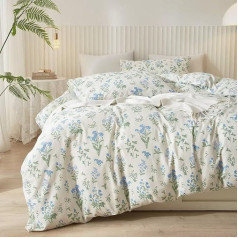 Mucalis Blue Floral Duvet Cover Set White Queen 100% Cotton Botanical Fresh Blue Flowers 3 Piece Bedding Set with Zipper Corner Ties Durable