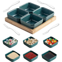 Ceramic Dipping Bowls Set of 4 with Wooden Serving Tray, Spice Bowl, Sushi Dip Bowl, Snack Bowl for Appetizers, Desserts, Ice Cream, Perfect for Dinner, Afternoon Tea, Baking, BBQ