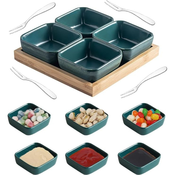 Ceramic Dipping Bowls Set of 4 with Wooden Serving Tray, Spice Bowl, Sushi Dip Bowl, Snack Bowl for Appetizers, Desserts, Ice Cream, Perfect for Dinner, Afternoon Tea, Baking, BBQ