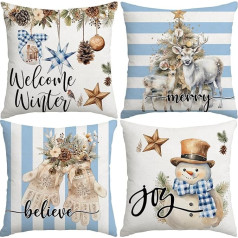 Miaikoe Christmas Cushion Covers 50x50cm Set of 4 Snowman Gloves Welcome Winter Blue White Stripes Christmas Decor Winter Farmhouse Decor for Home