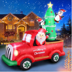210 cm Inflatable Santa Claus Drives a Small Car + Christmas Tree + Penguin, 7 ft Christmas Decoration, Illuminated Garden, Party Decoration for Indoor/Outdoor Use