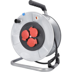 as - Schwabe 10317 Metal Cable Reel, 25 m H05RR-F 3G1.5 Cable 230 V / 16 A, with 3 Red Protective Contact Sockets Including Hinged Lid and Thermal Circuit Breaker, IP44, Made in Germany, Silver