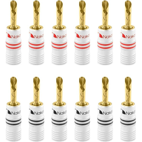 Nakamichi 24K Gold Plated Banana Plug 12AWG - 18AWG Gauge Size 4mm for Speaker Amplifier Hi-Fi AV Receiver Stereo Home Cinema Audio Cable Connector BFA Connector (12 Pieces (6 Pair), BFA Connector)